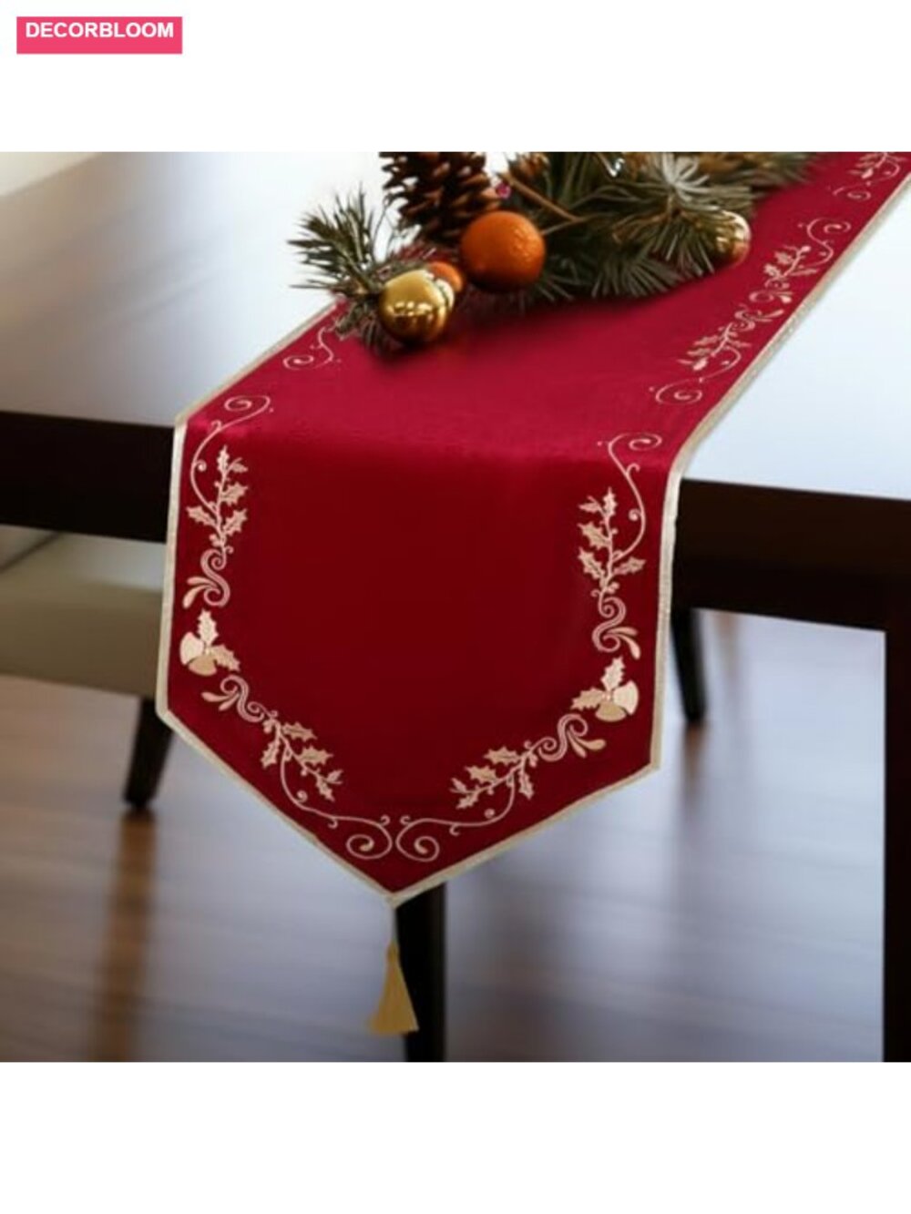Gold Holly Embroidered Table Runner 70 Inch